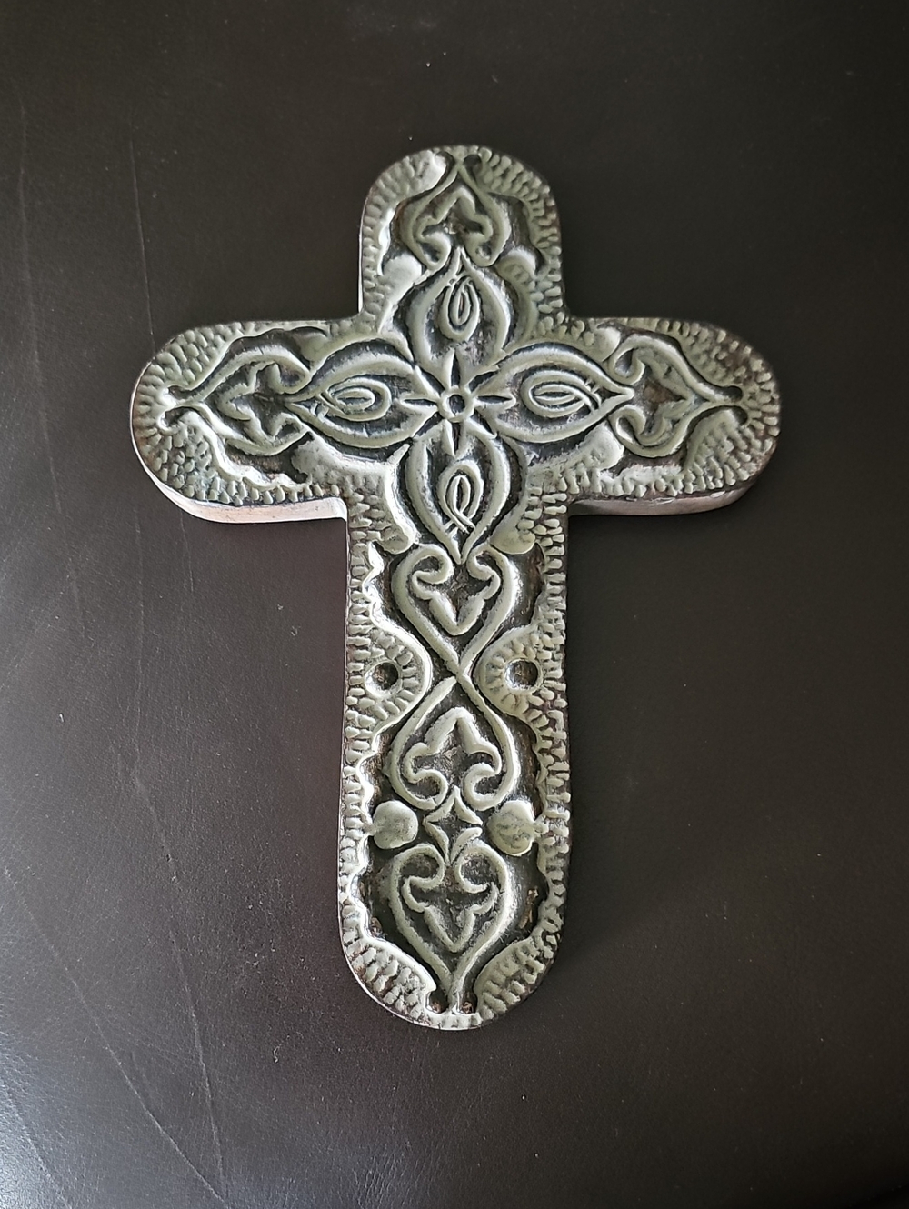 Decorative Ornate Cross Wall Accent in Antiqued Silver